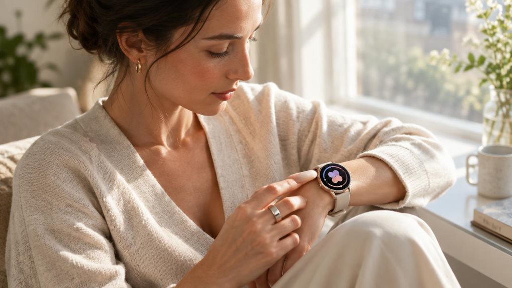 A high-end editorial photograph of a woman seated beside a sunlit window, checking her smartwatch while a sleek smart ring rests on her finger. The watch displays an abstract, text-free cycle-tracking visualization with soft colored shapes and a simple circular progress indicator. Natural skin texture, delicate reflections on the polished devices, warm morning light, shallow depth of field, refined neutral styling, crisp focus, and realistic photographic detail. No text, lett